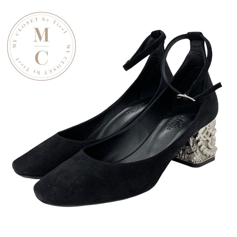 エルメス HERMES ガーリー パンプス 靴 シューズ スエード ブラック シルバー 黒 シェーヌダンクル ストラップ メタルヒール