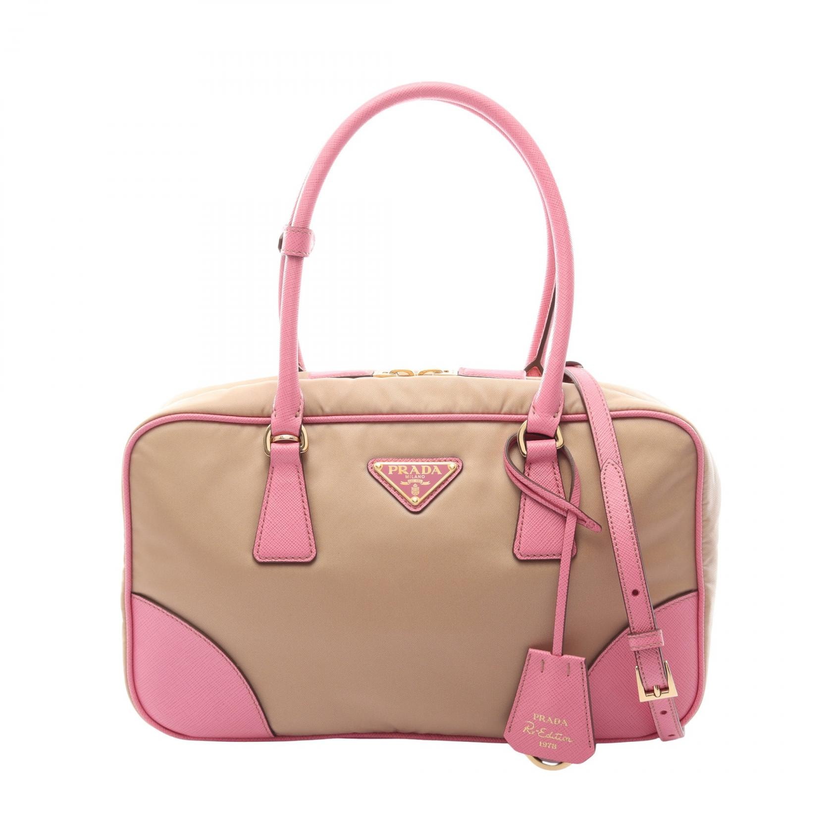 プラダ PRADA RE-EDITION 1978 RE-NYLON TESSUTO+SAFFIANO ミディアム ダブルハンドル 2WAY ハンドバッグ バッグ サフィアーノレザー レザー レディース ベージュ系 / ピンク系 【中古】