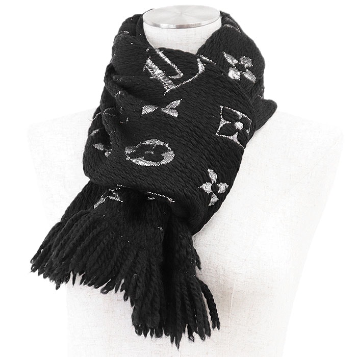 【極美品】LOUIS VUITTON ルイ・ヴィトン マフラー エシャルプ・ロゴマニア LV モノグラム ウール × シルク × メタリック ダブルフェイス ストール 大判 メンズ レディース ユニセックス ブラック シルバー 黒 銀 イタリア製 M75833