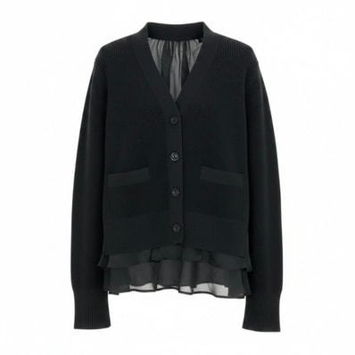 Sacai サカイ ニット サテン カーディガン ロングスリーブ ブラック コットン ポリエステル/ カーディガン A3-00223 【中古】