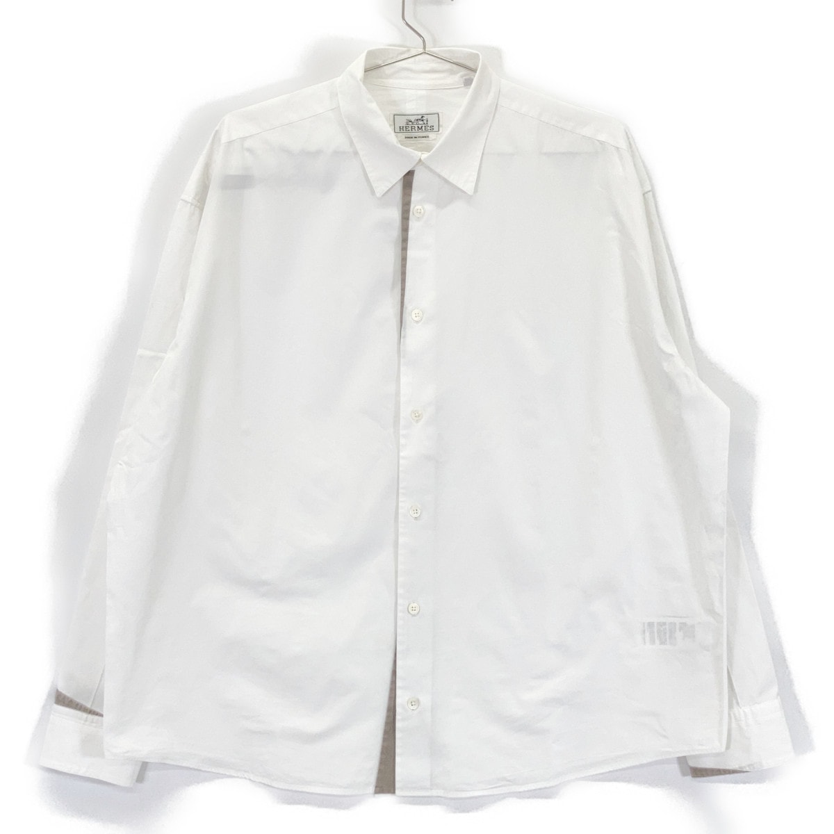 エルメス 21AW 12-5607 ホワイト×グレー コットン セリエカフスボタン レギュラーカラーオーバーサイズシャツ」 40