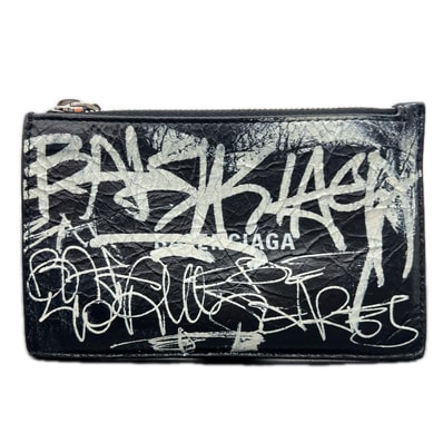 BALENCIAGA 希少 美品 バレンシアガ グラフィティ フラグメントケース 640535 レザー ブラック カードケース コインケース マルチケース 財布 Y2K ABランク 中古 鑑定済 バレンシアガ財布