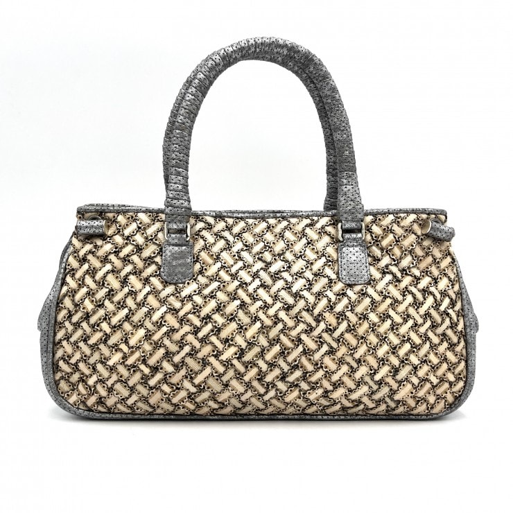 BOTTEGA VENETA(ボッテガヴェネタ)イントレチャート リミテッドエディション ハンドバッグ シルバー ベージュ パンチングレザー レディース 【中古】