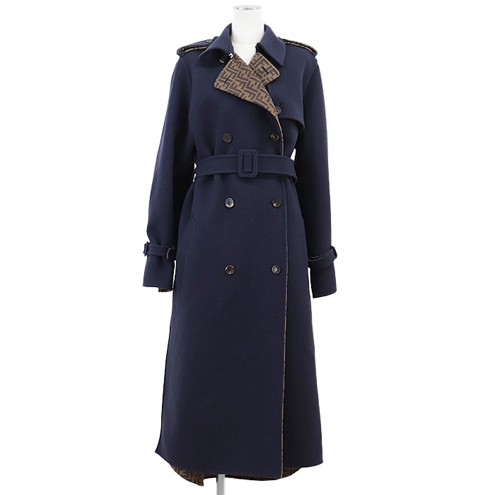 【美品】FENDI フェンディ ロングコート レディース サイズ 40 メルトン ダブルブレスト シグネチャー ロゴ FF ズッカ モノグラム ウール × シルク アウター ベルト付属 ネイビー ブラウン 紺 茶色 イタリア製