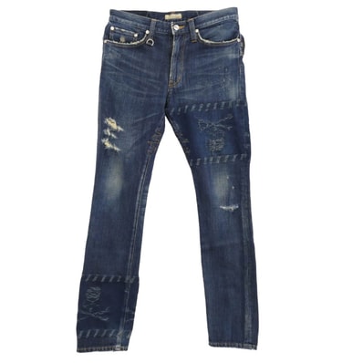 mastermind JAPAN マスターマインドジャパン デニムパンツ MD2-PA21-D ダブルウエスト スカルジャガード クラッシュ加工 デニムパンツ インディゴ インディゴブルー系 S【中古】