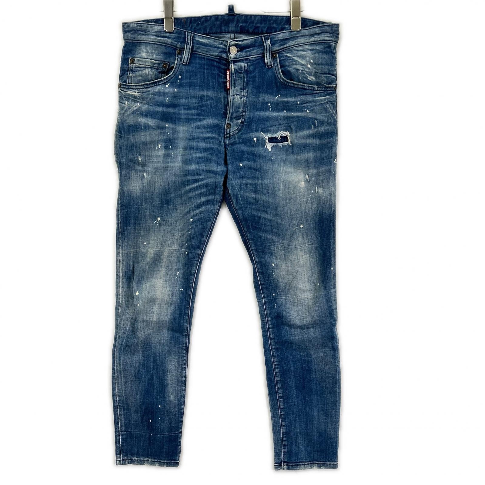 ディースクエアード S74LB1642 インディゴ ダメージ加工 SKATER JEAN/スケータージーン ペイントデニムパンツ 48
