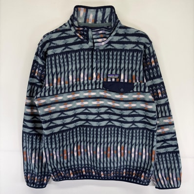 古着 パタゴニア patagonia フリース トレーナー ハーフボタン スナップT シンチラ ワンポイントロゴ M ネイビー系 総柄 メンズ