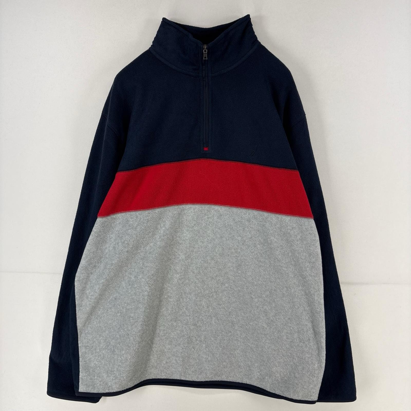 古着 ノーティカ NAUTICA フリース ニット ハーフジップ ロゴ プルオーバー ワンポイント トレーナー 大きいサイズ 2XL ネイビー メンズ