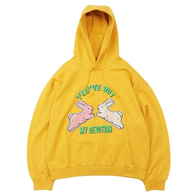 【美品】GUCCI グッチ スウェットパーカー サイズ M メンズ HA HA HA YOU'VE GOT MY DEVOTION シグネチャー ラビット ワッペン&刺繍 プルオーバー ロングスリーブ 長袖 フーディー トップス マスタード イタリア製