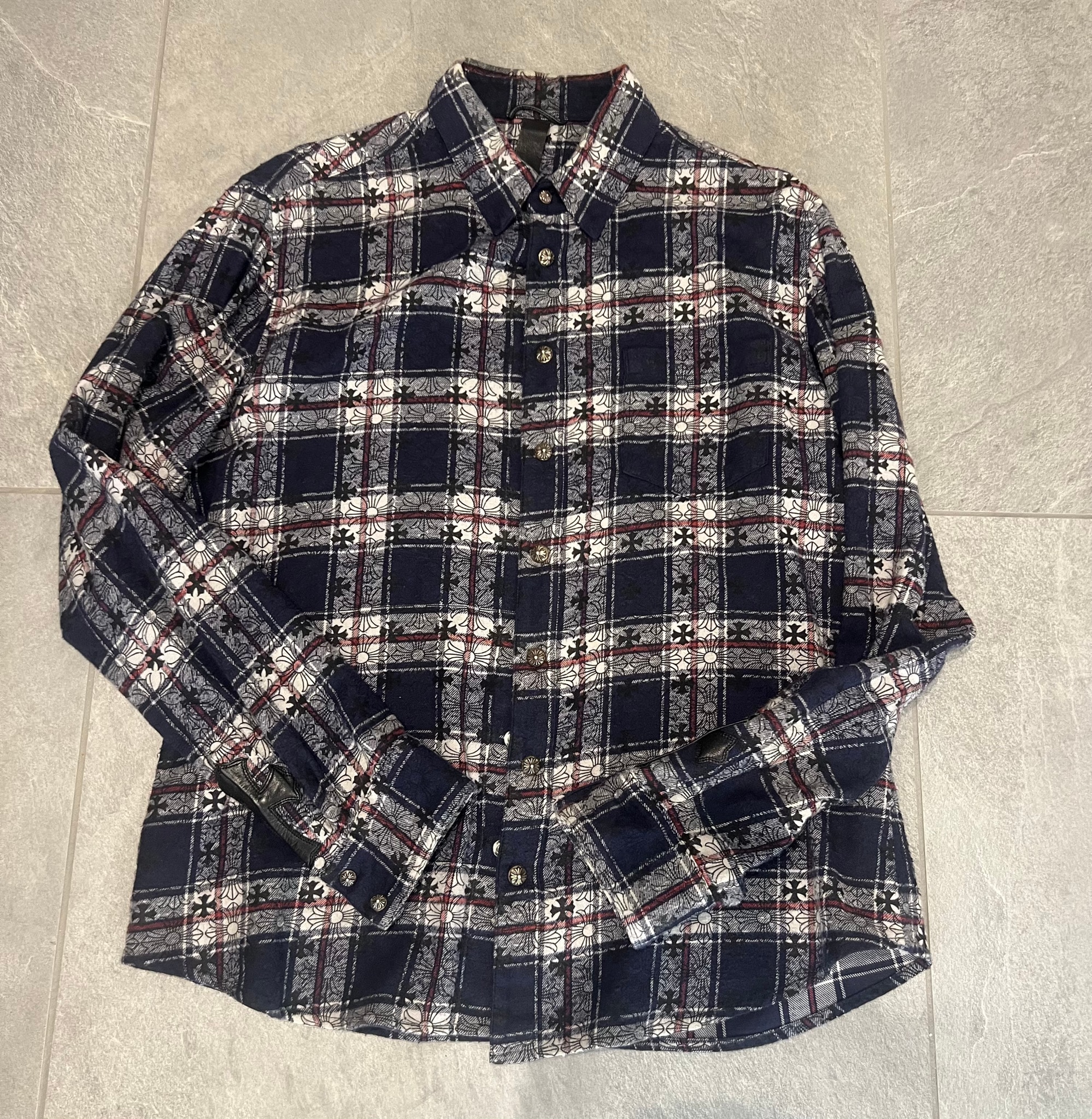 Chrome Hearts Loose End Cross Patch Cross Pattern Check L/S Shirt "Navy/Silver"