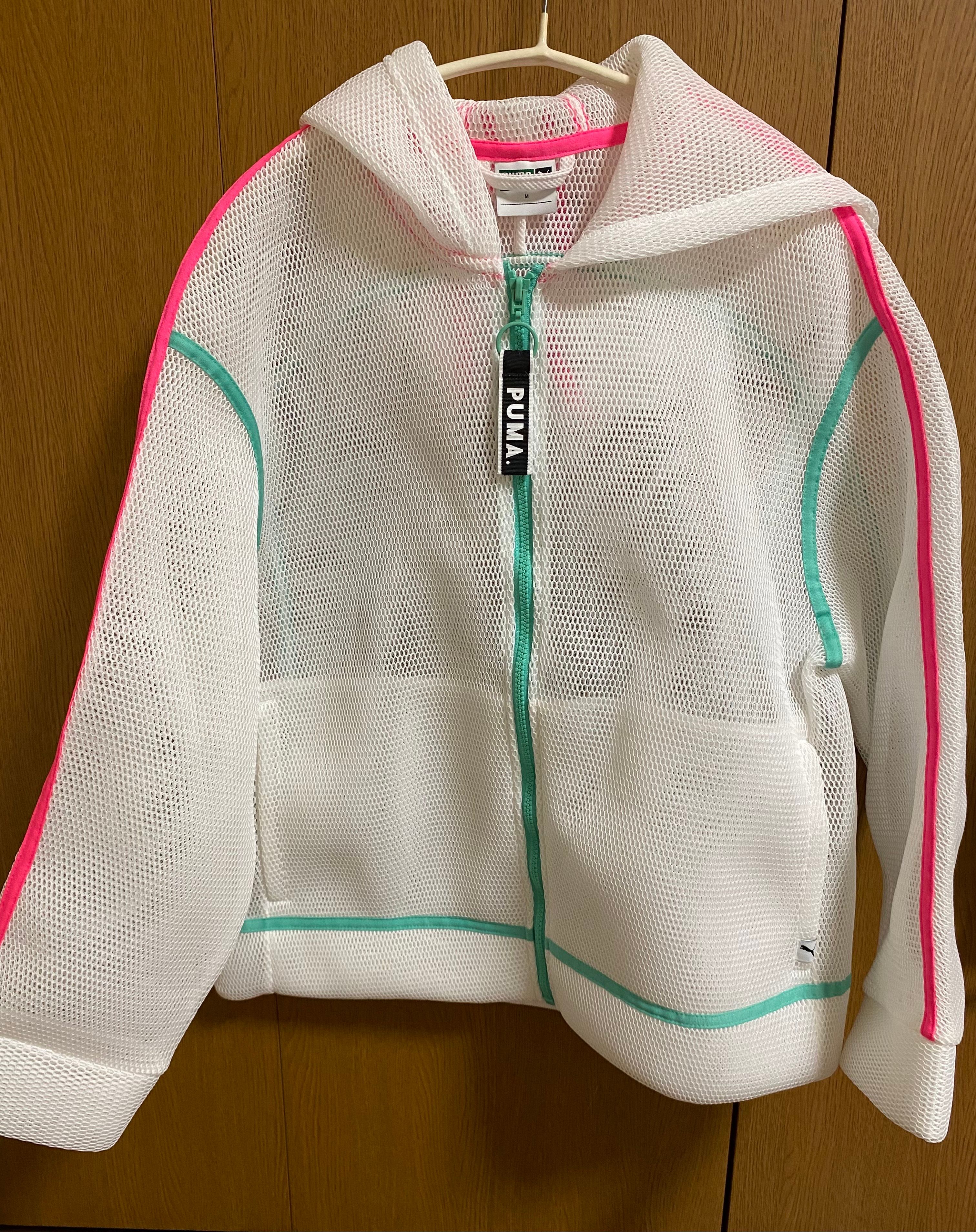 PUMA プーマ レア メッシュジャンパー 蛍光ピンク ホワイト フード付き