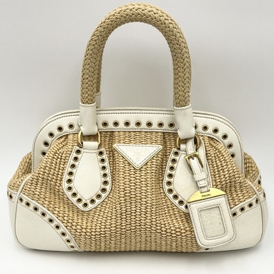 PRADA(プラダ)ラフィア レザー ハンドバッグ アイレット スタッズ ナチュラル ホワイト ゴールド金具 レディース【中古】