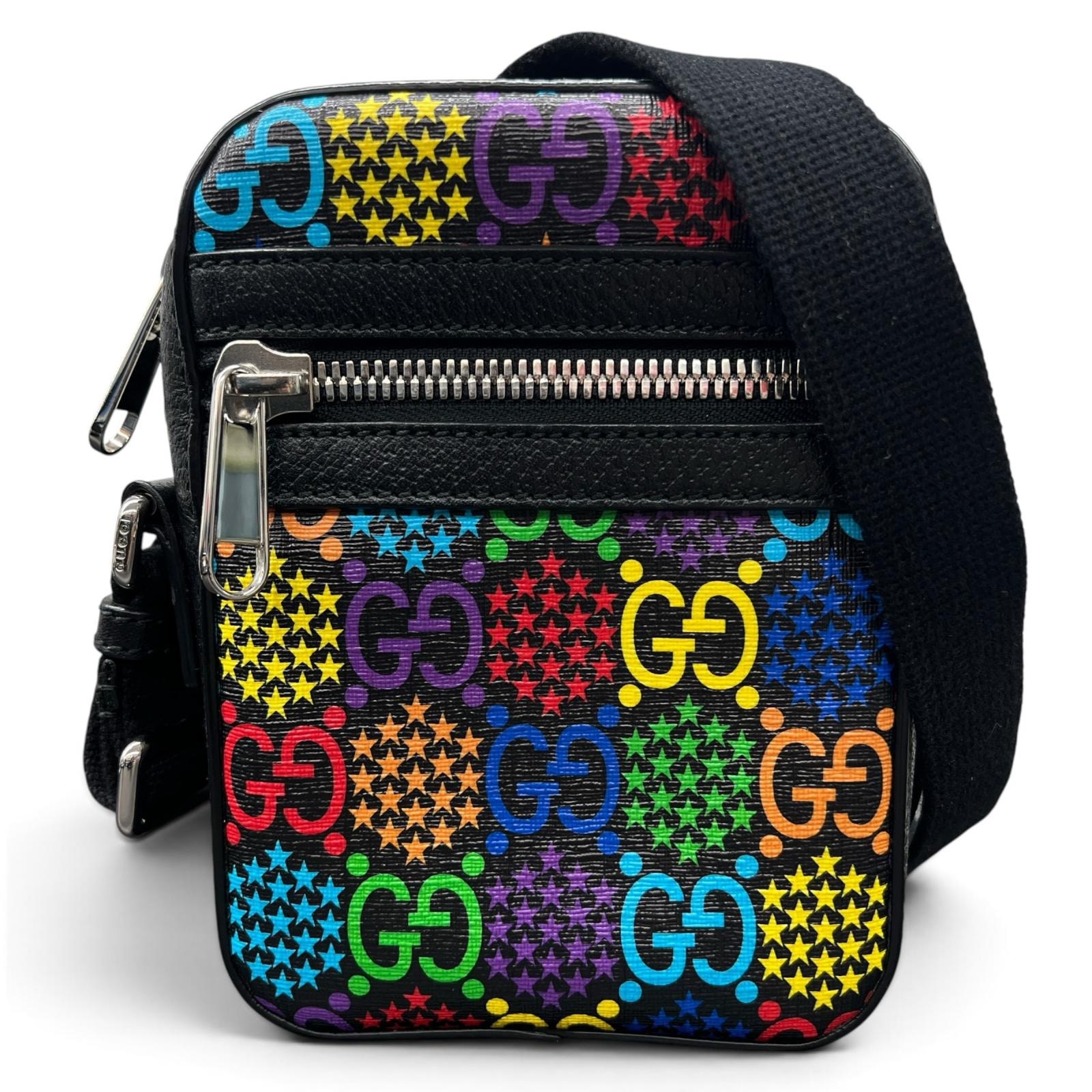 GUCCI 極美品 グッチ GGサイケデリック ショルダーバッグ GGスプリーム 598103 PVC コーティングキャンバス レザー ブラック マルチカラー Aランク 中古 鑑定済 グッチバッグ