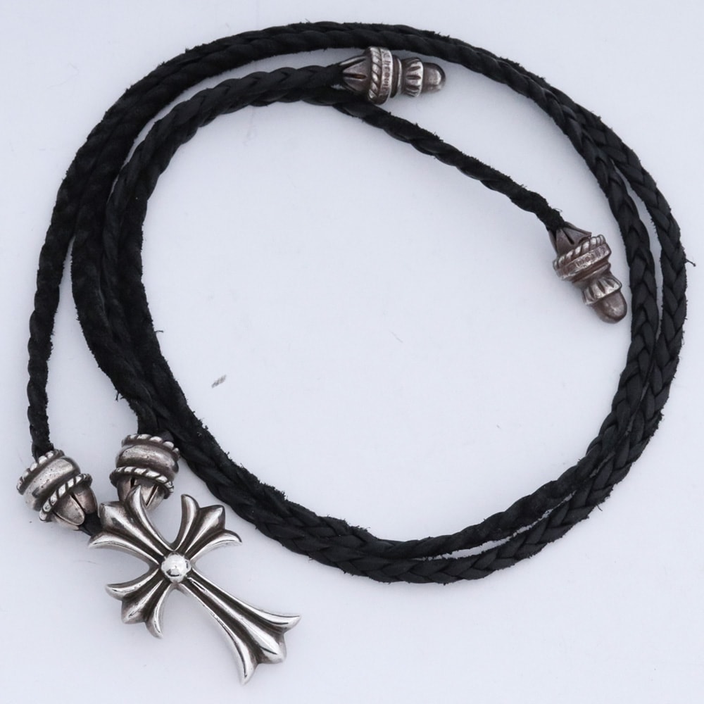 Chrome Hearts CH Cross Small Crimpt Bolo Tip Leather Braid Necklace "Silver"