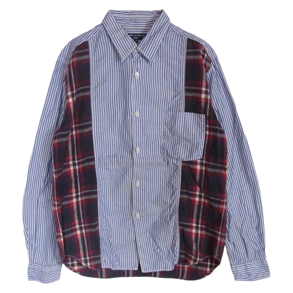 COMME des GARCONS HOMME コムデギャルソンオム 11AW HH-B034 AD2011 異素材切替 チェック ストライプ 長袖 シャツ ブルー系 S【中古】