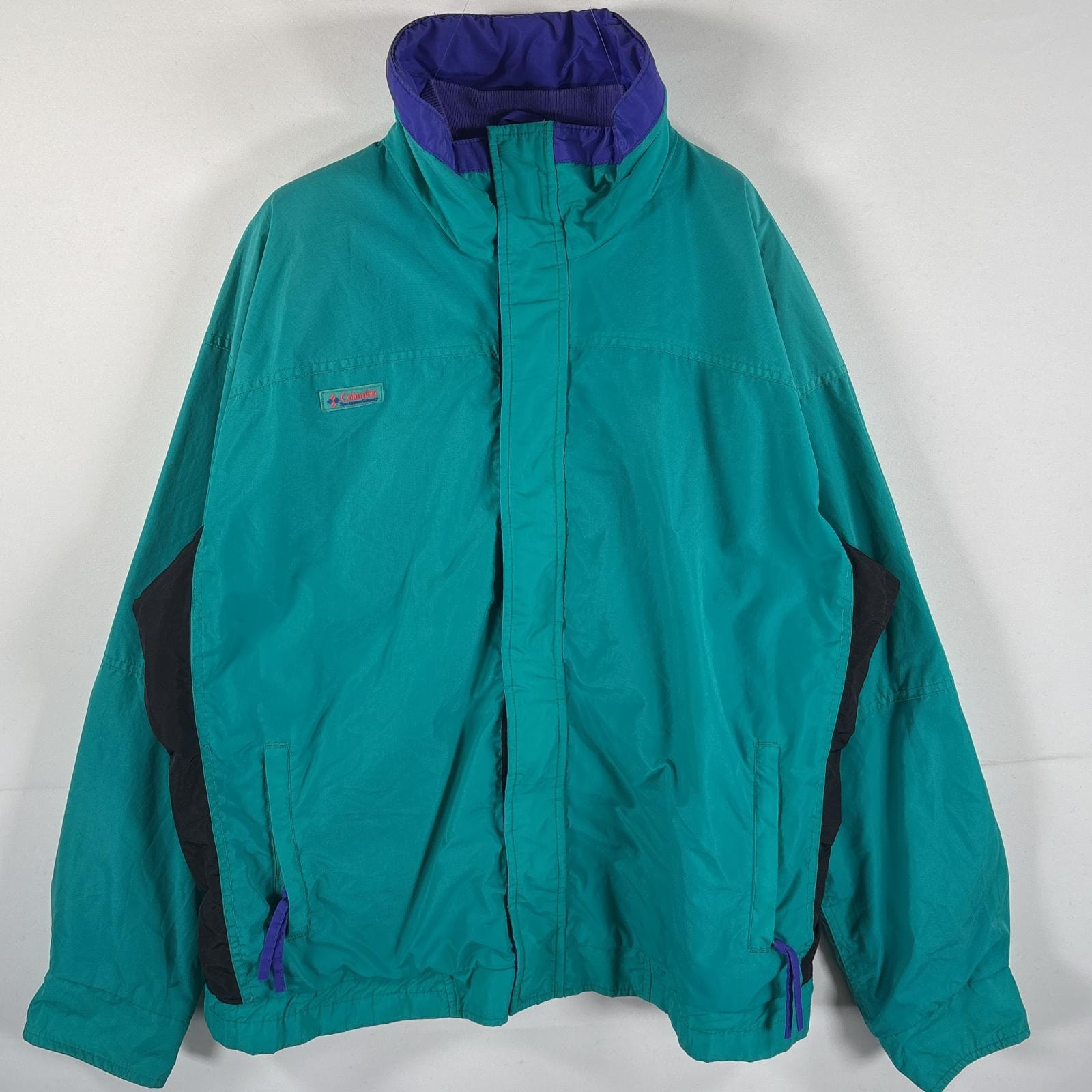 古着 90's/90年代 コロンビア Columbia ナイロンジャケット ダブルジップ ワンポイントロゴ 裏地パープル L ターコイズグリーン メンズ