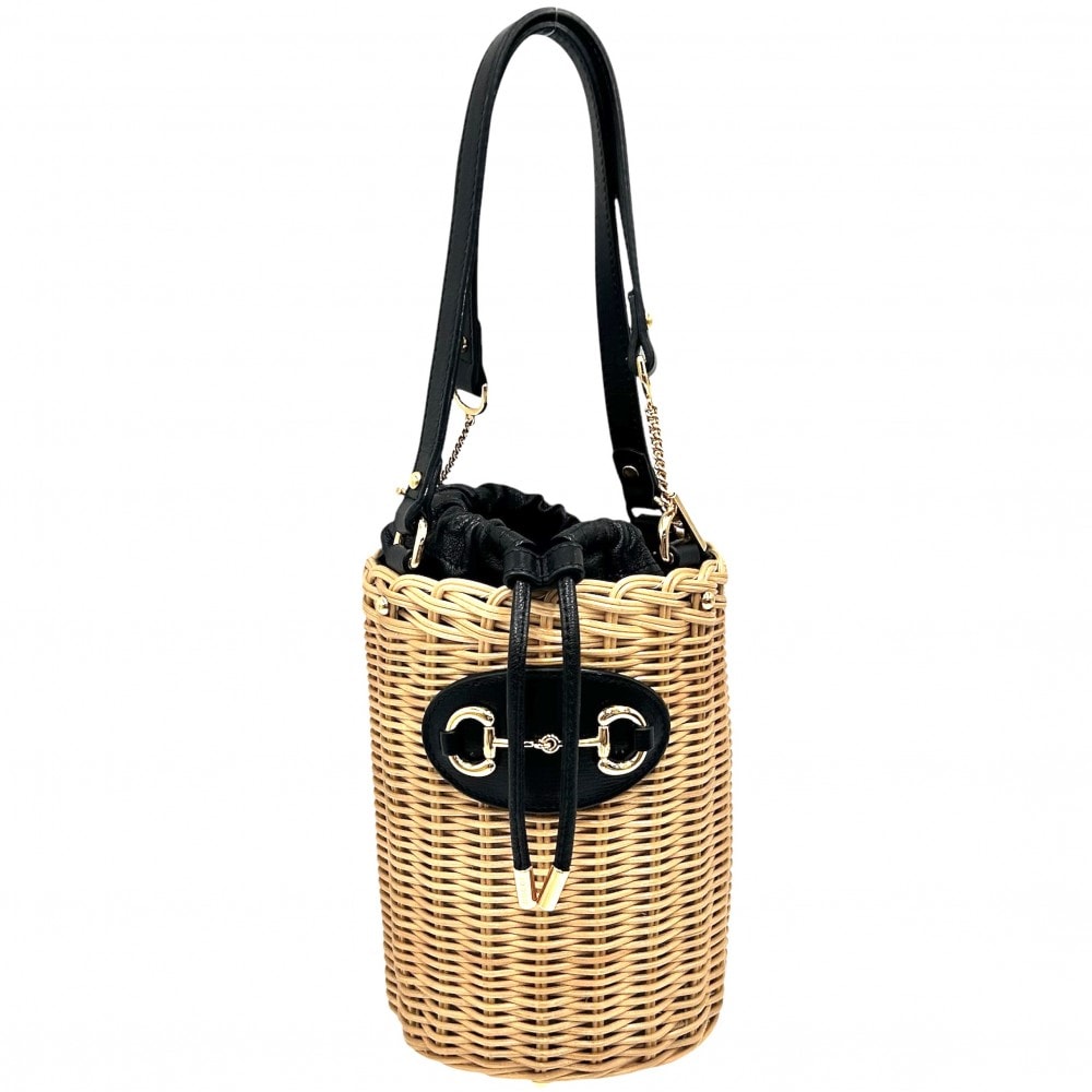 GUCCI グッチ ハンドバッグ ホースビット1955  バケットバッグ かごバッグ かばん 鞄 649852 レザー  ウィッカー   ベージュ ブラック 黒 ゴールド金具 レディース 美品【中古品】