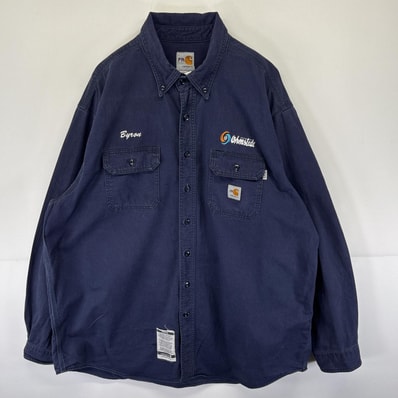 古着 カーハート Carhartt 長袖シャツ ボタンダウン ワークシャツ ワンポイントロゴ 企業ロゴ FR 大きいサイズ ネイビー メンズ