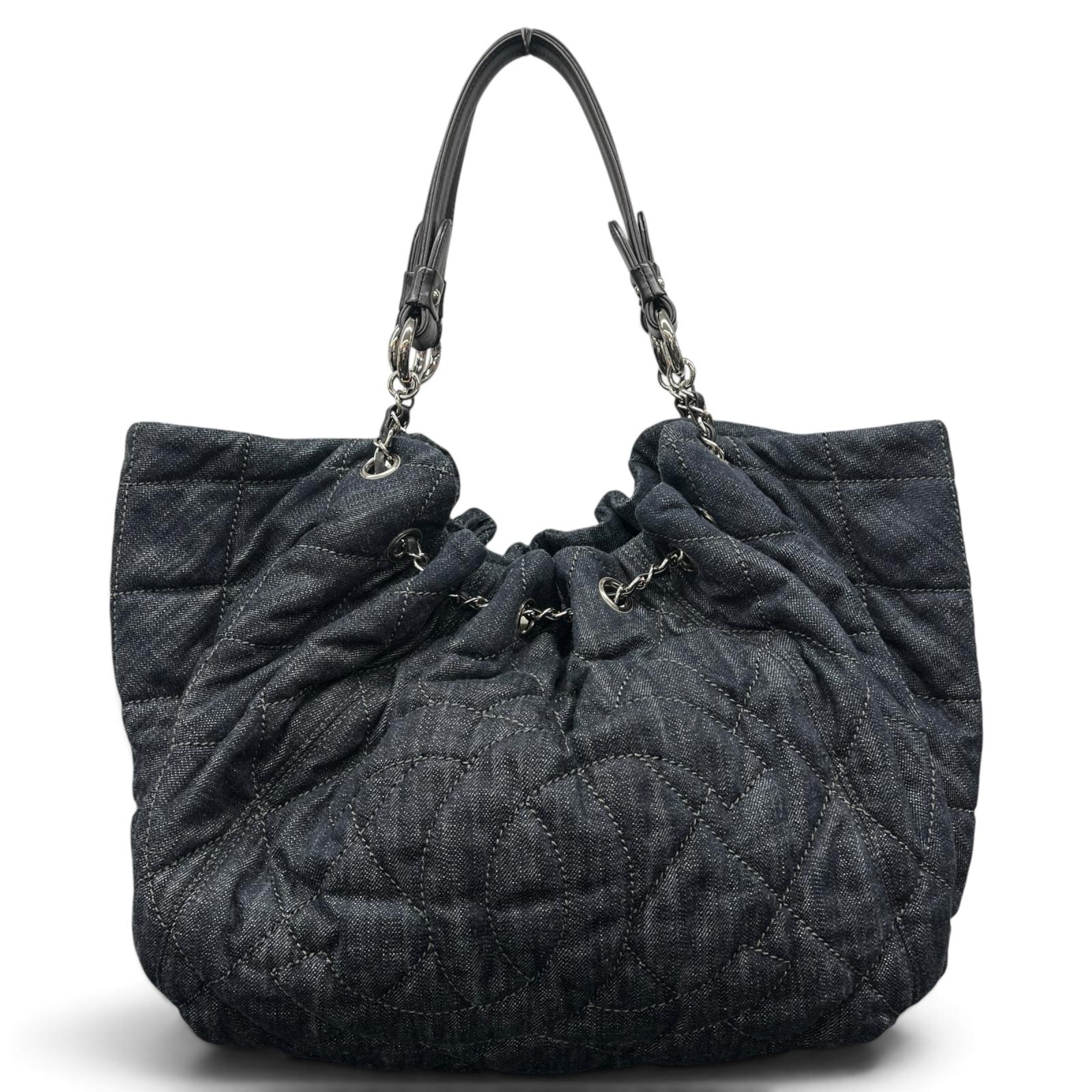 CHANEL 希少 シャネル ココカバスGM デニム チェーントートバッグ デカココマーク A46887 12番台シリアル レザー ネイビー ブティックシール付 ヴィンテージ Bランク 鑑定済 中古 シャネルバッグ