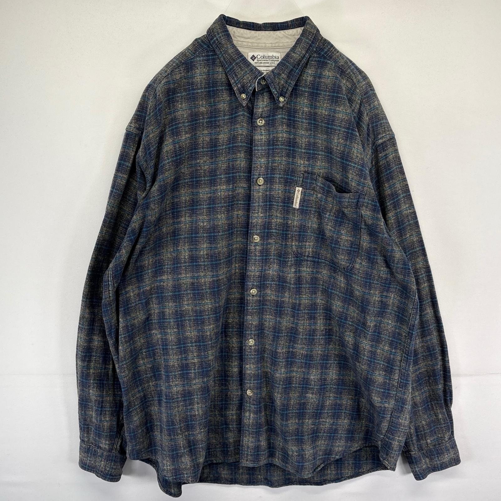 古着 コロンビア Columbia 長袖シャツ ボタンダウン ワンポイントロゴ ネルシャツ アウトドア 2XL  ブルー系 チェック メンズ