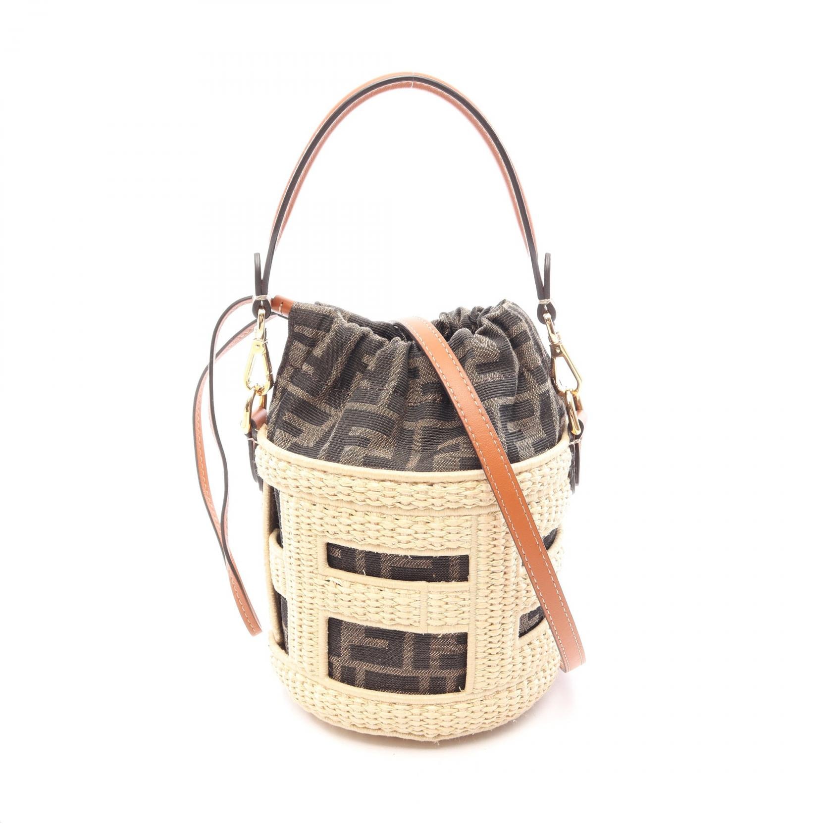 フェンディ FENDI STEP OUT ステップアウト スモール 2WAY ハンドバッグ バッグ キャンバス レザー ラフィア レディース アイボリー系 / ブラック系 / マルチカラー 【中古】