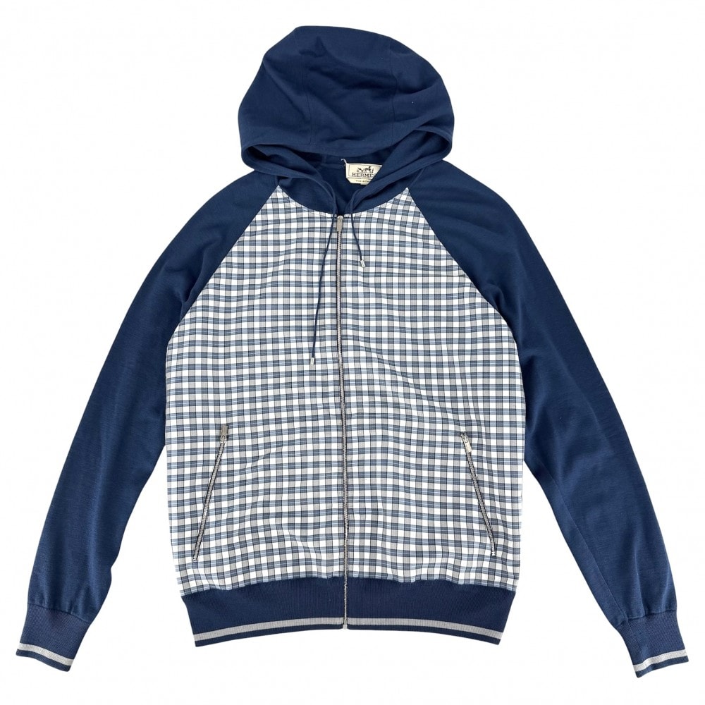 HERMES エルメス パーカー チェック アウター ジップアップ メンズ レディース XL ブルー系 シルバー金具 ウール  ポリエステル  ナイロン  ユニセックス 春 秋【中古品】