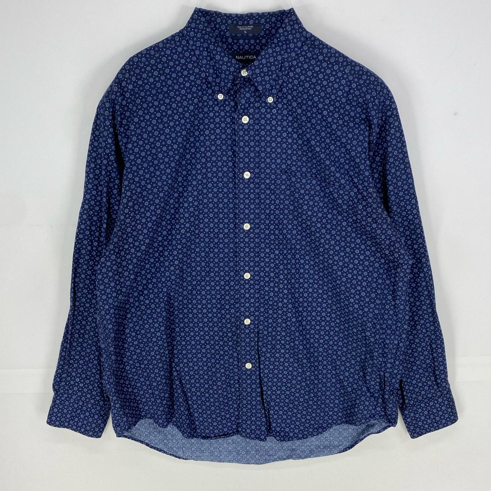 古着 ノーティカ NAUTICA 長袖シャツ ボタンダウン 胸ポケット ロングスリーブ L  ネイビー系 総柄 メンズ