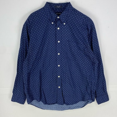 古着 ノーティカ NAUTICA 長袖シャツ ボタンダウン 胸ポケット ロングスリーブ L ネイビー系 総柄 メンズ
