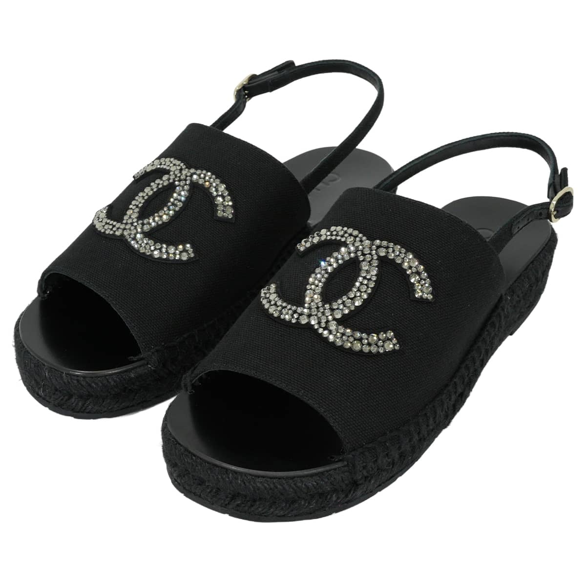 CHANEL シャネル サンダル エスパドリーユ ストラス ラインストーン ココマーク 黒 (ブラック)/ダークシルバー コットン 22.5cm(#36) G45632 新品未使用
