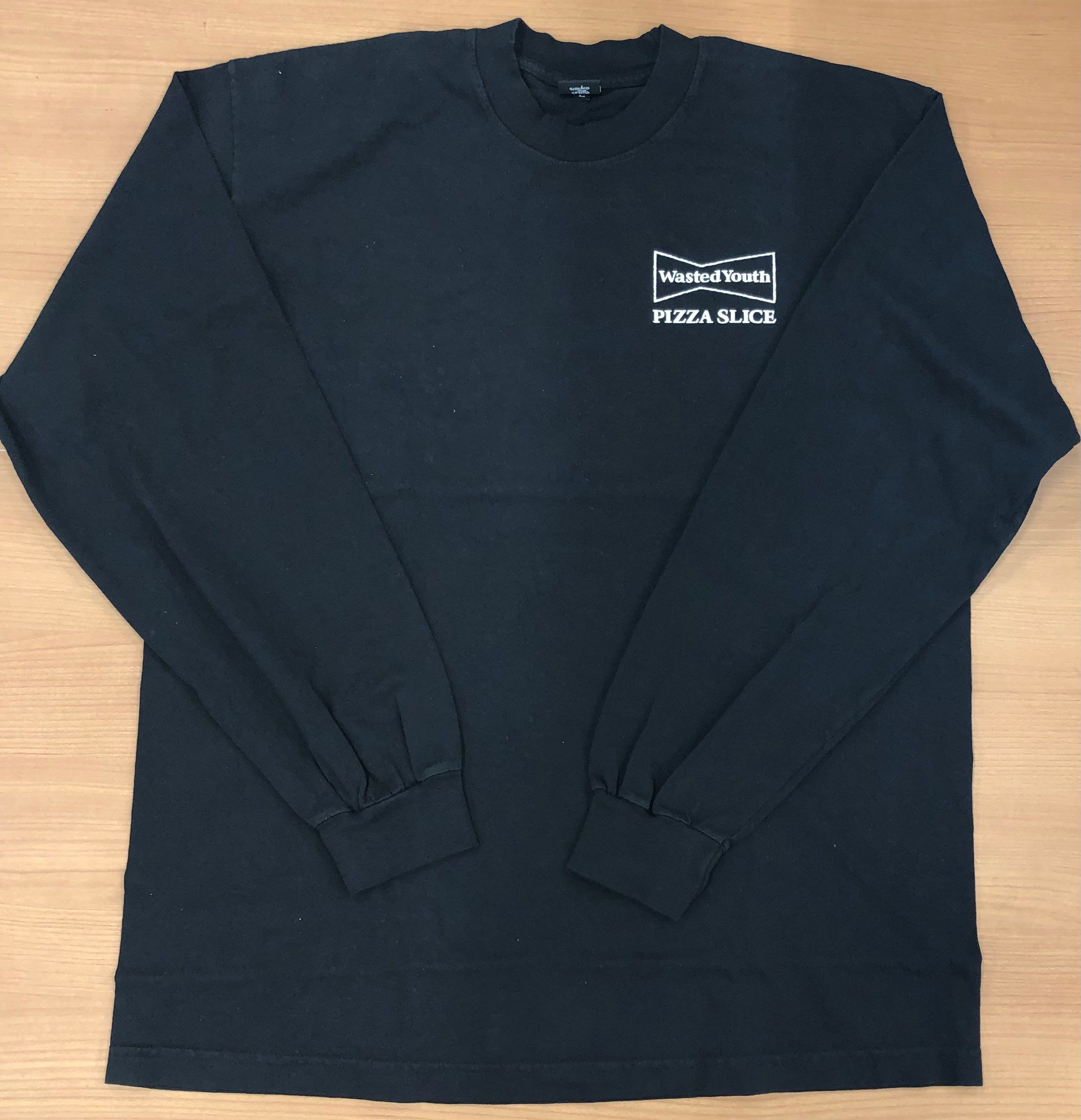 Wasted Youth x PIZZA SLICE LONG SLEEVE T-SHIRT (With Button Badge) "Black/White" / VERDY