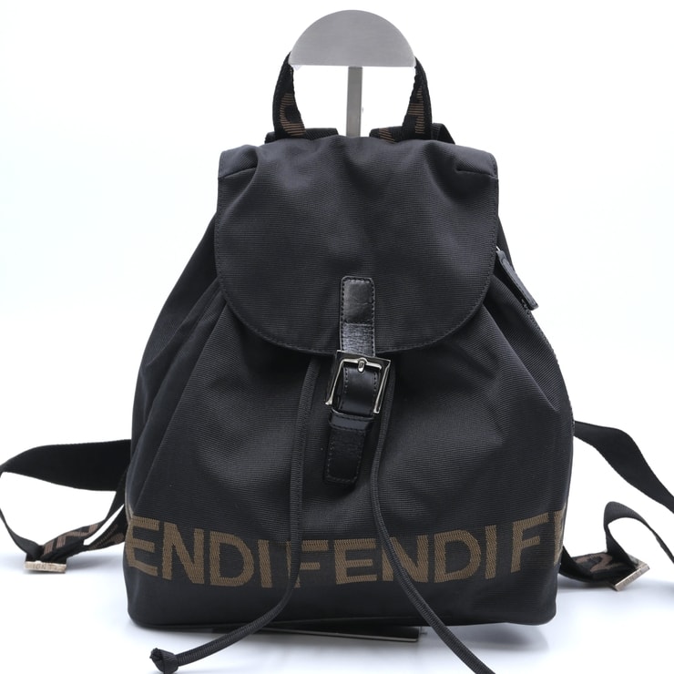 FENDI(フェンディ)ヴィンテージ ロゴ ナイロン バックパック リュック ブラック ブラウン シルバー金具 2305.26339.003【中古】