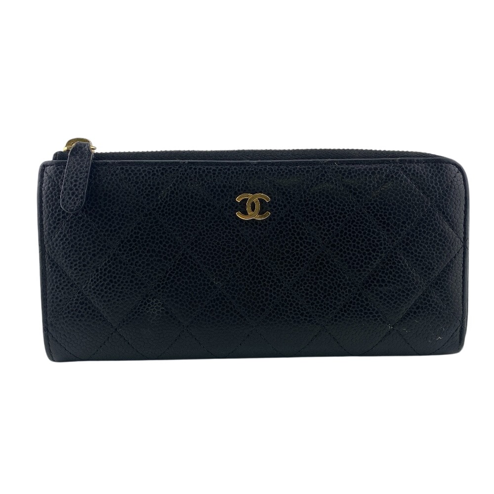 シャネル CHANEL 長財布 マトラッセ キャビアスキン L字ファスナー ブラック