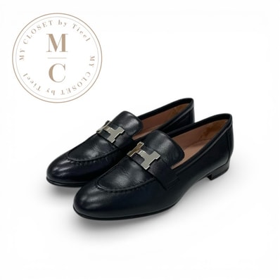 エルメス HERMES パリ ローファー 革靴 靴 シューズ レザー ブラック 黒 シルバー モカシン H金具