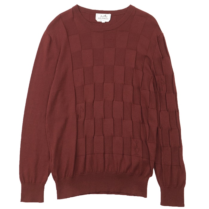 【美品】HERMES エルメス 長袖セーター サイズ S メンズ チェスボード ニット カシミヤ × コットン プルオーバー クルーネック ロングスリーブ 丸首 トップス バーガンディ イタリア製
