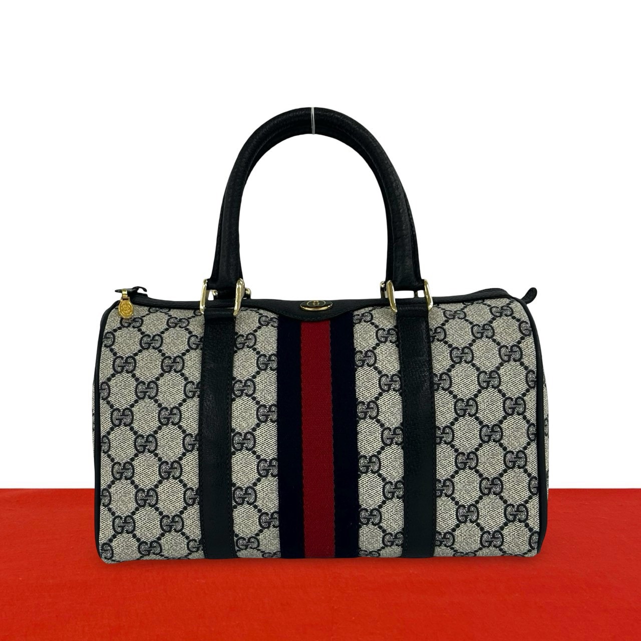 GUCCI グッチ シェリーライン GG ロゴ 柄 金具 レザー PVC ボストンバッグ ネイビー
 72950