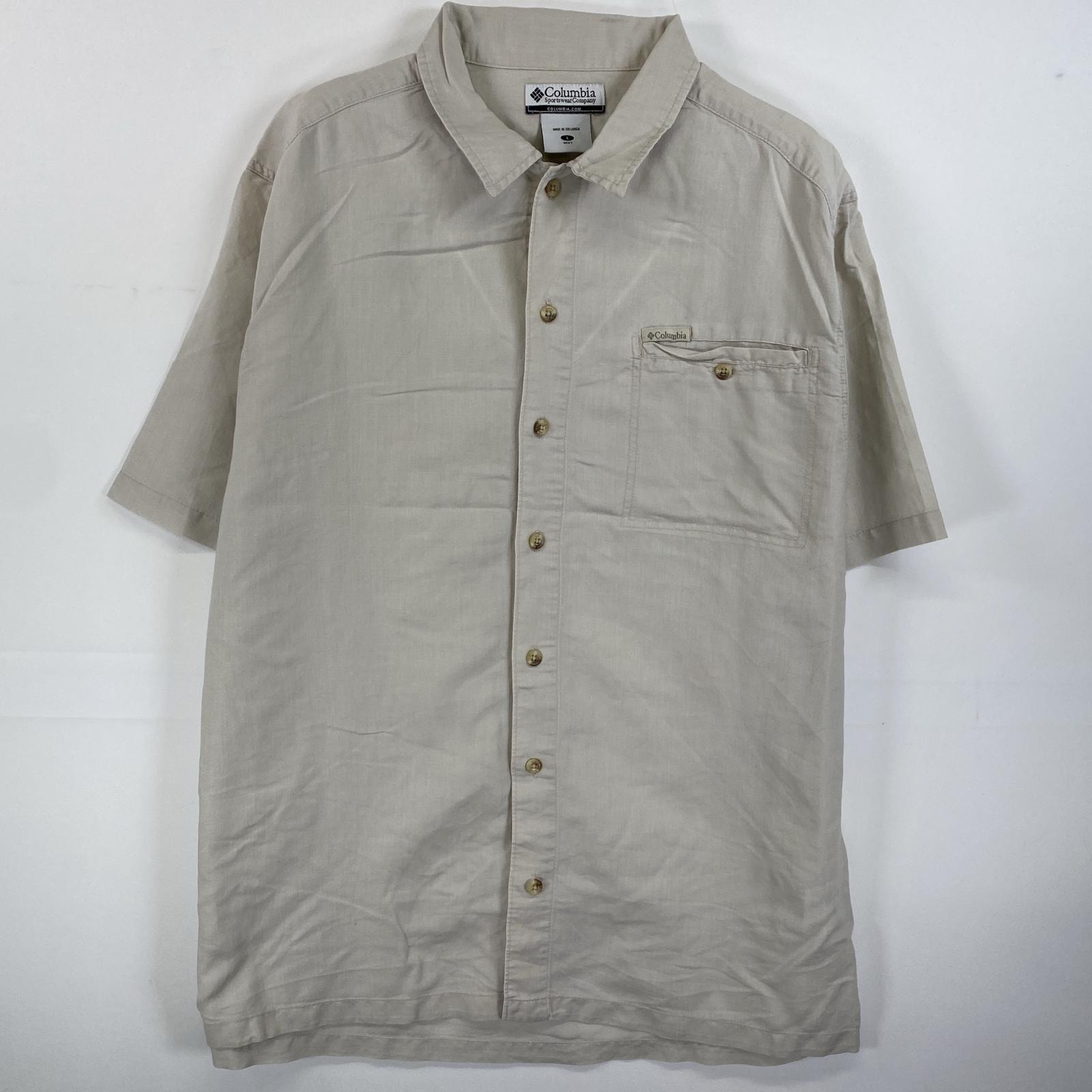 古着 コロンビア Columbia 半袖シャツ ボタンシャツ ワンポイントロゴ 胸ポケット L ベージュ 無地 メンズ
