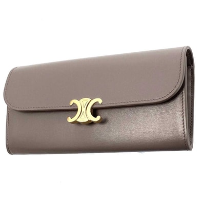 CELINE セリーヌ ラージウォレット トリオンフ 長財布 カーフ グレージュ ゴールド レディース【中古】