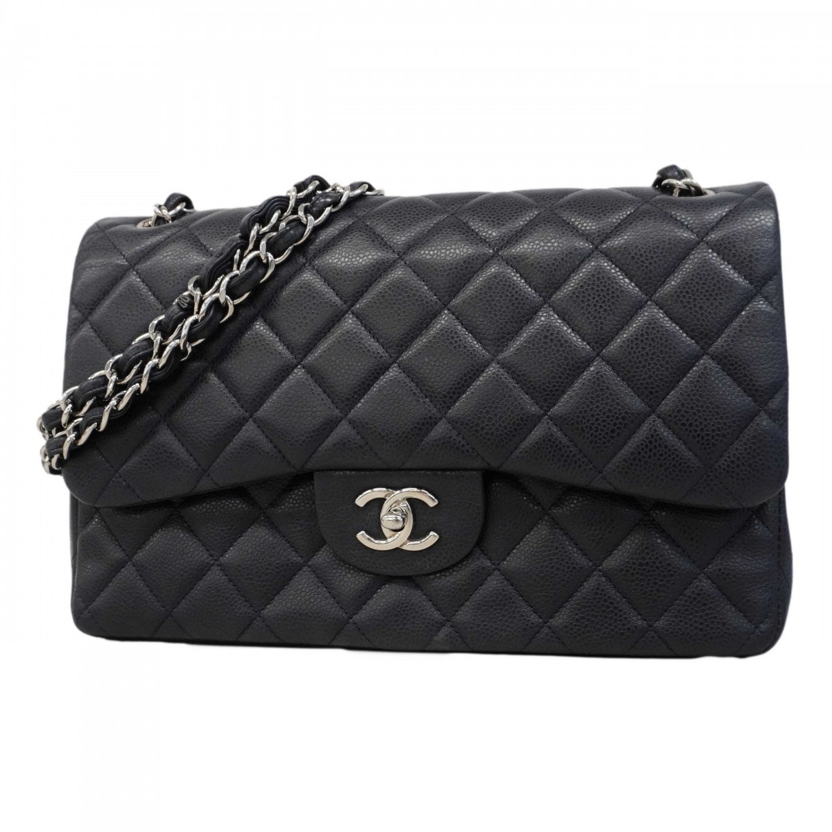 【6dc3606】シャネル ショルダーバッグ デカマトラッセ Wフラップ Wチェーン キャビアスキン ネイビー シルバー金具【中古】レディース