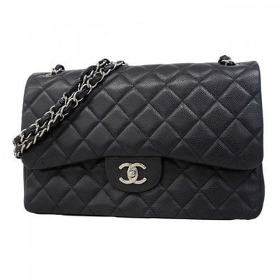 【6dc3606】シャネル ショルダーバッグ デカマトラッセ Wフラップ Wチェーン キャビアスキン ネイビー シルバー金具【中古】レディース