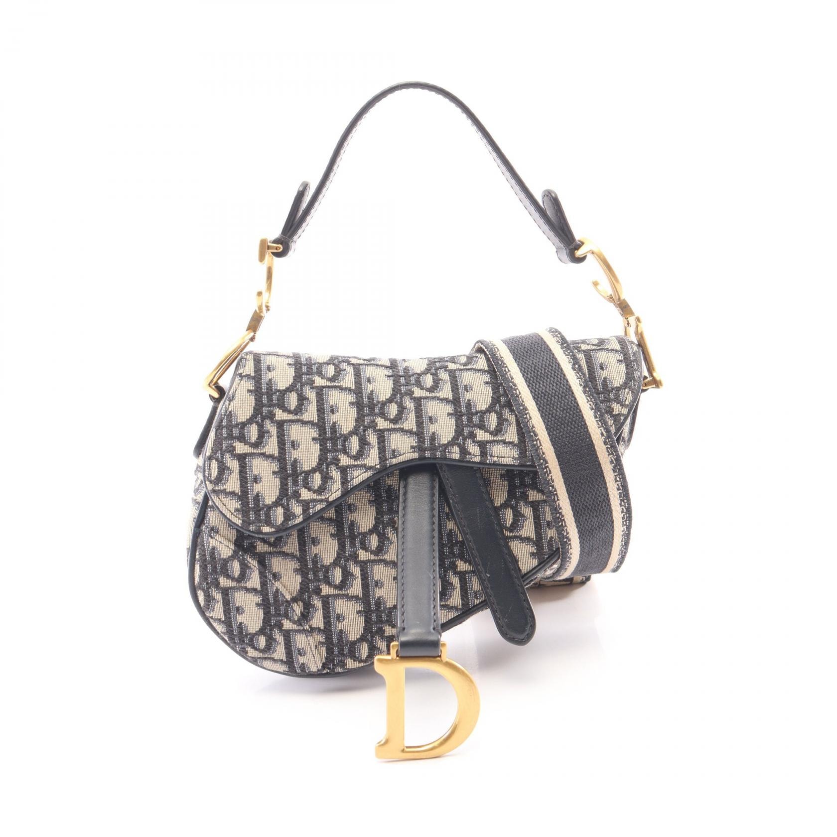 ディオール Dior サドルバッグ ミニ オブリークジャカード 2WAY ハンドバッグ バッグ キャンバス レザー レディース ネイビー系 / ベージュ系 【中古】