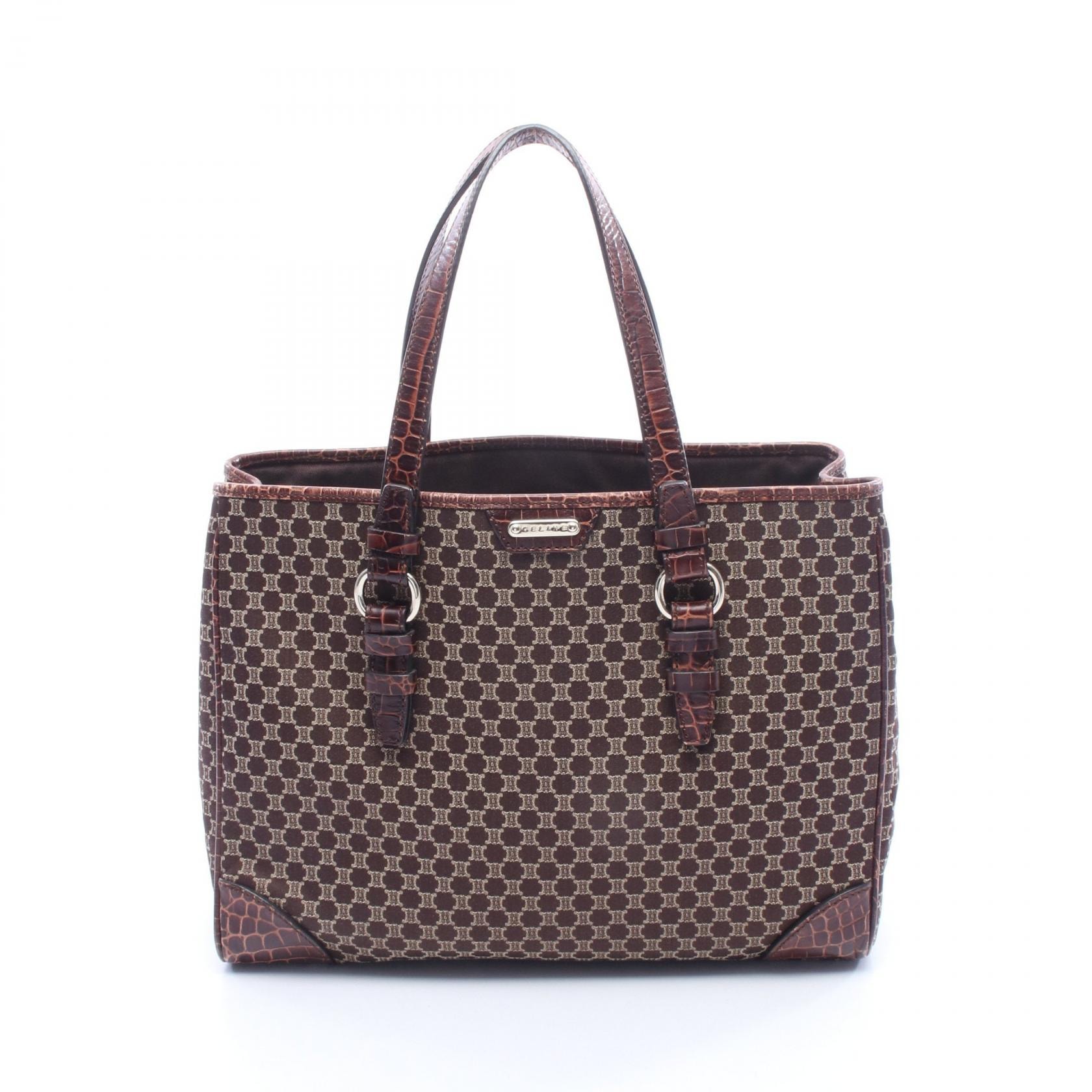 セリーヌ CELINE マカダム クロコ型押し トートバッグ バッグ キャンバス レザー レディース ブラウン系 【中古】
