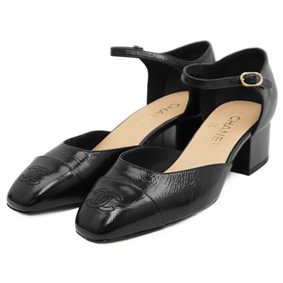 【未使用】CHANEL シャネル パンプス メリージェーン サイズ 37.5 レディース 25C G45878 COCOマーク ロゴ ステッチ エナメル シャイニーラムスキン レザー ストラップ チャンキーヒール 箱/袋付属 ブラック 黒 イタリア製