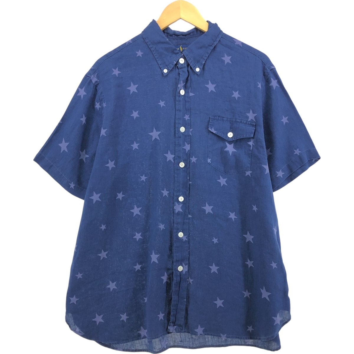 古着 ラルフローレン Ralph Lauren CLASSIC FIT クラシックフィット 総柄 星柄 ボタンダウン半袖 リネンシャツ レディースXL相当/eaa567019