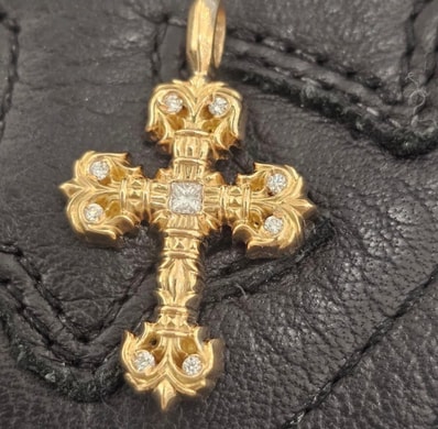 Chrome Hearts 22K Tiny Philigrey Cross Charm Pave Diamonds "Yellow Gold"