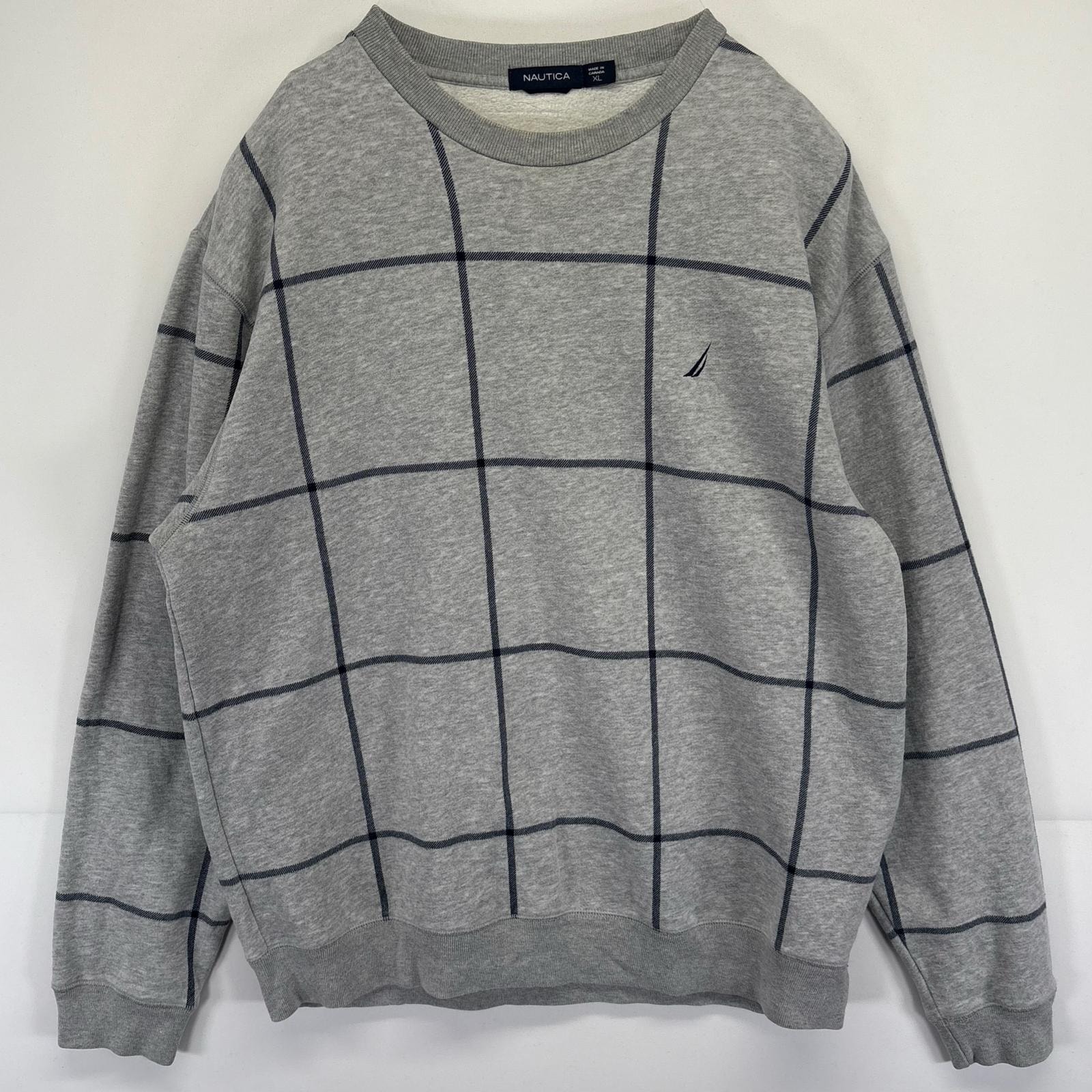 古着 ノーティカ NAUTICA スウェット トレーナー クルーネック チェック ワンポイントロゴ 大きいサイズ XL  グレー メンズ