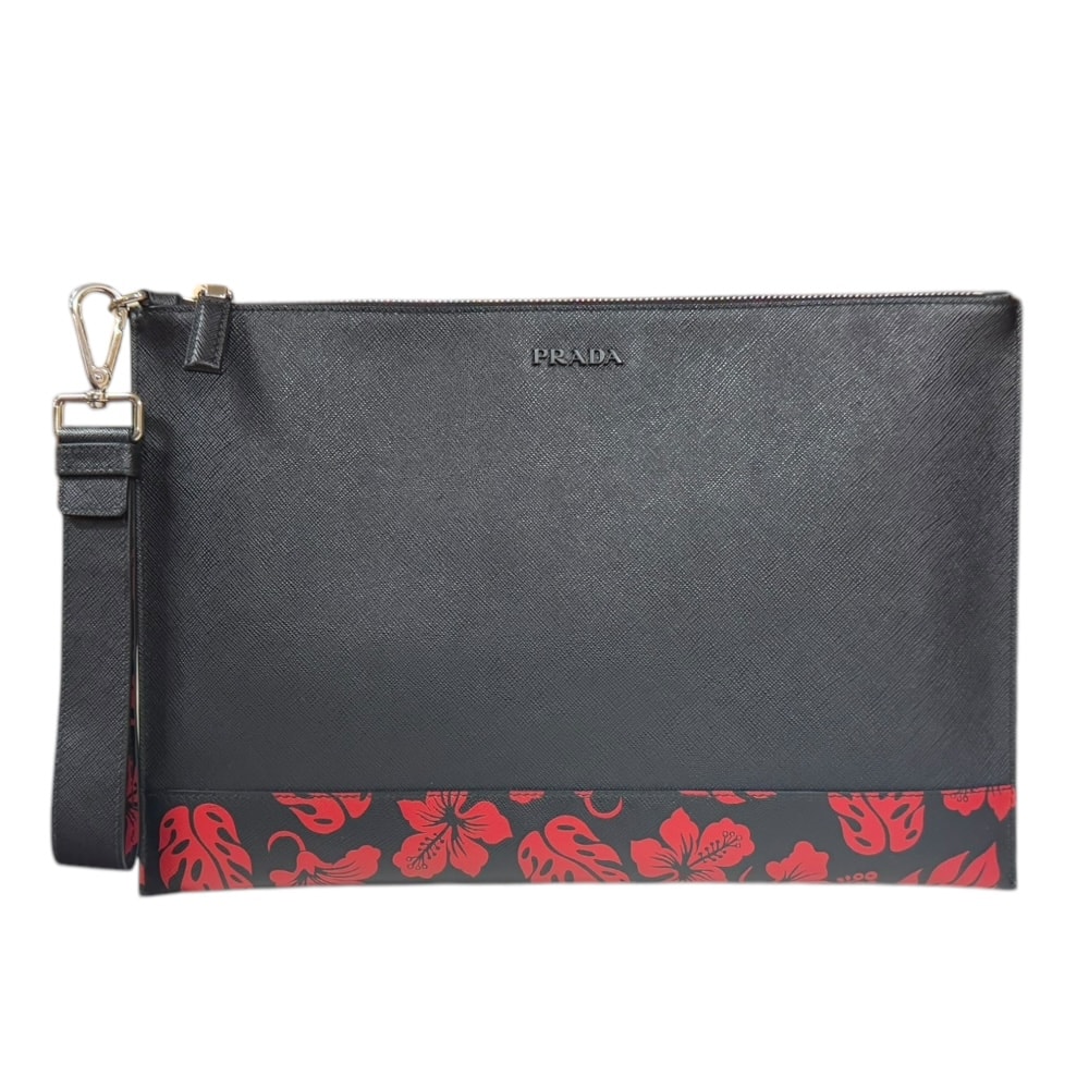 プラダ 花柄 サフィアーノ クラッチバッグ レザー 2NH001 ブラック メンズ PRADA  中古