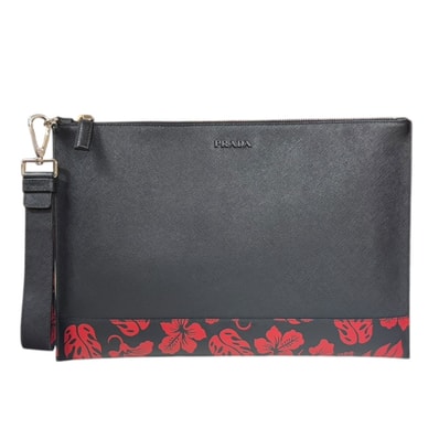 プラダ 花柄 サフィアーノ クラッチバッグ レザー 2NH001 ブラック メンズ PRADA 中古