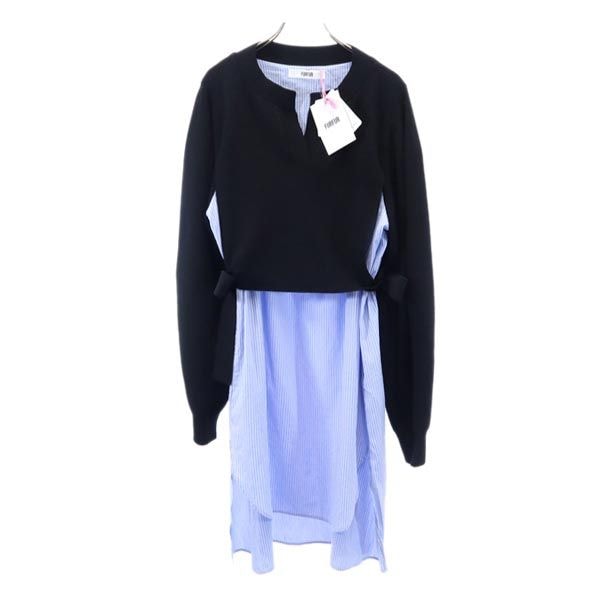 未使用 furfur ファーファー ストライプ 長袖 ニット切替 ワンピース F 黒×ブルー