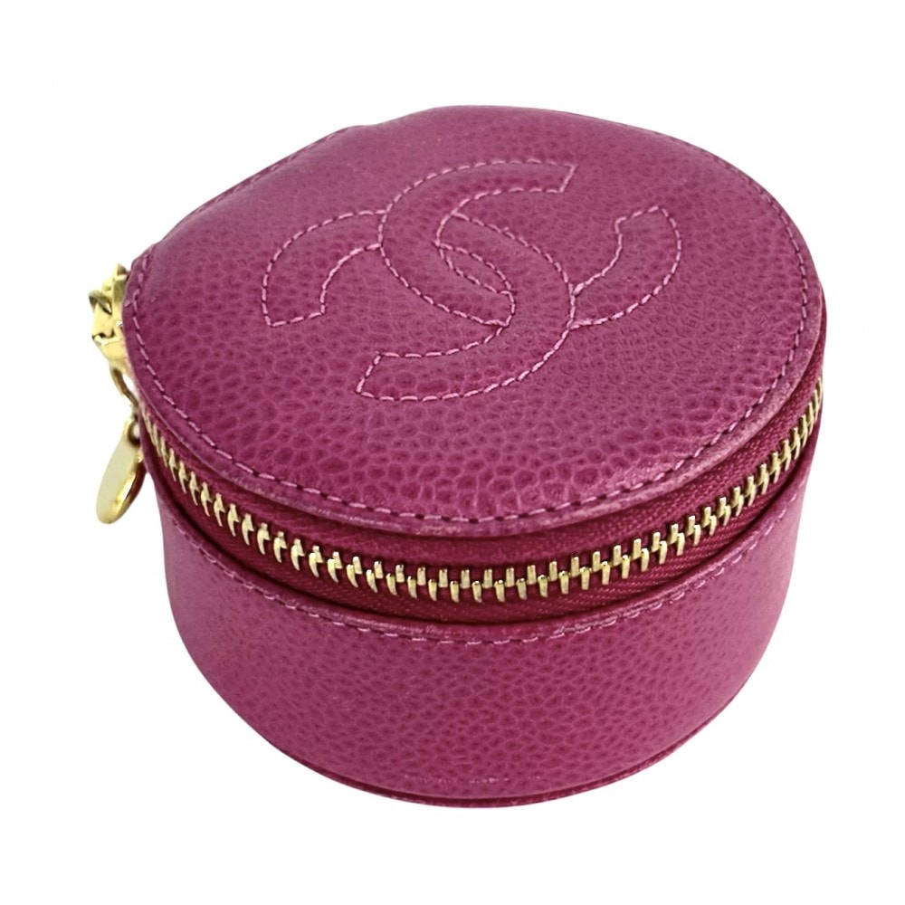 CHANEL シャネル ポーチ ジュエリーケース アクセサリーケース ラウンドポーチ 小物入れ ココマーク  キャビアスキン   ピンク ゴールド金具 レディース【中古品】