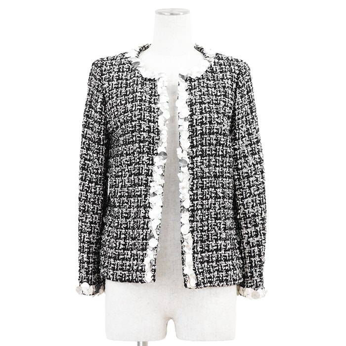 CHANEL シャネル ツイードジャケット サイズ 40 レディース 09P P35389 ノーカラー オープンフロント チュール × マルチスパンコール アウター ブラック ホワイト 黒 白 フランス製 カール・ラガーフェルド期